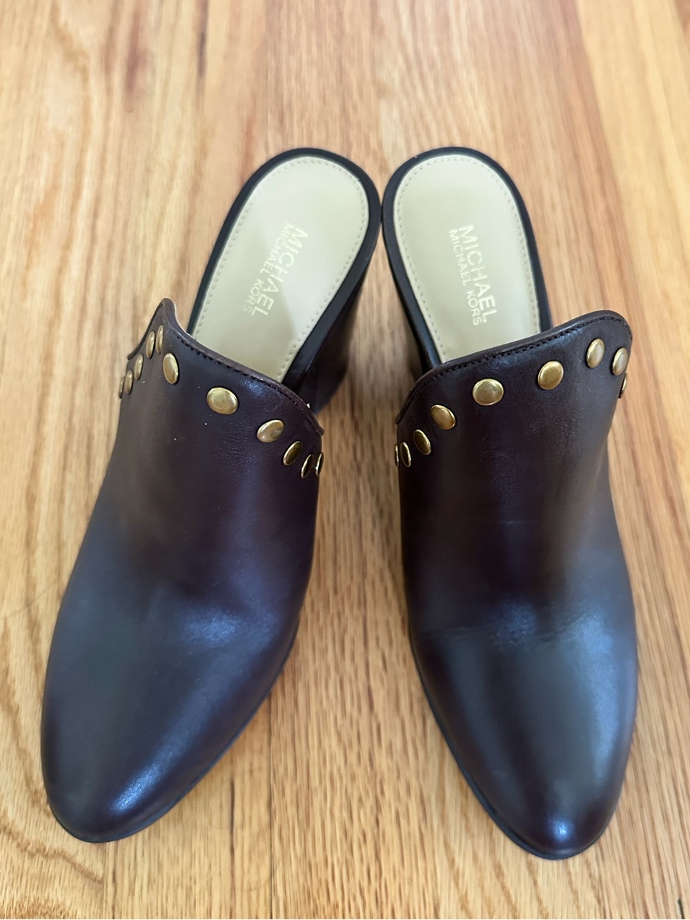 Michael Kors Dark Brown Leather Studded Slip-On Mules
